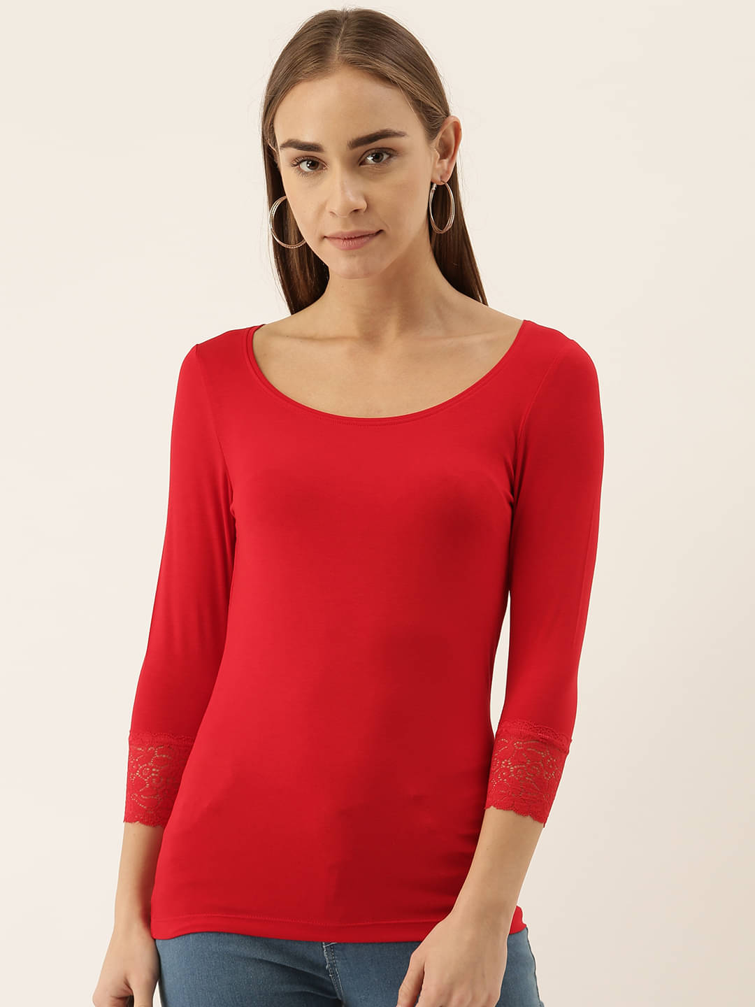 Zebu Women Viscose Embroidered Slim Fit Round Neck T-Shirt ( Red )     			Zebu Women Viscose Embroidered Slim Fit Round Neck T-Shirt ( Red )
