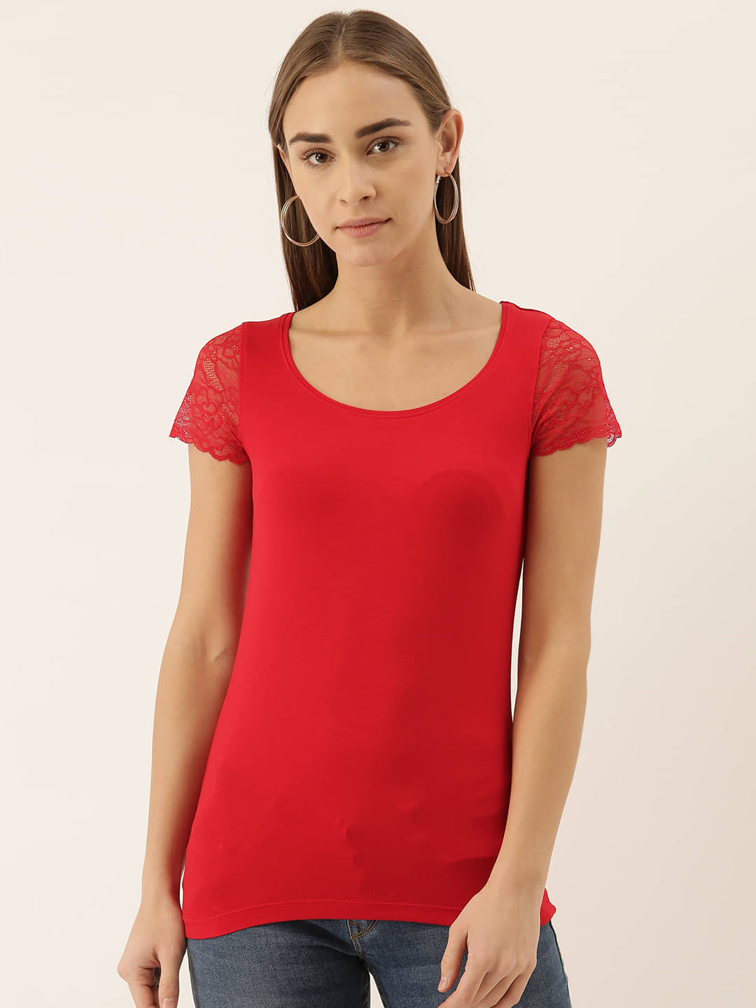 Zebu Women Viscose Embroidered Slim Fit Round Neck T-Shirt ( Red )