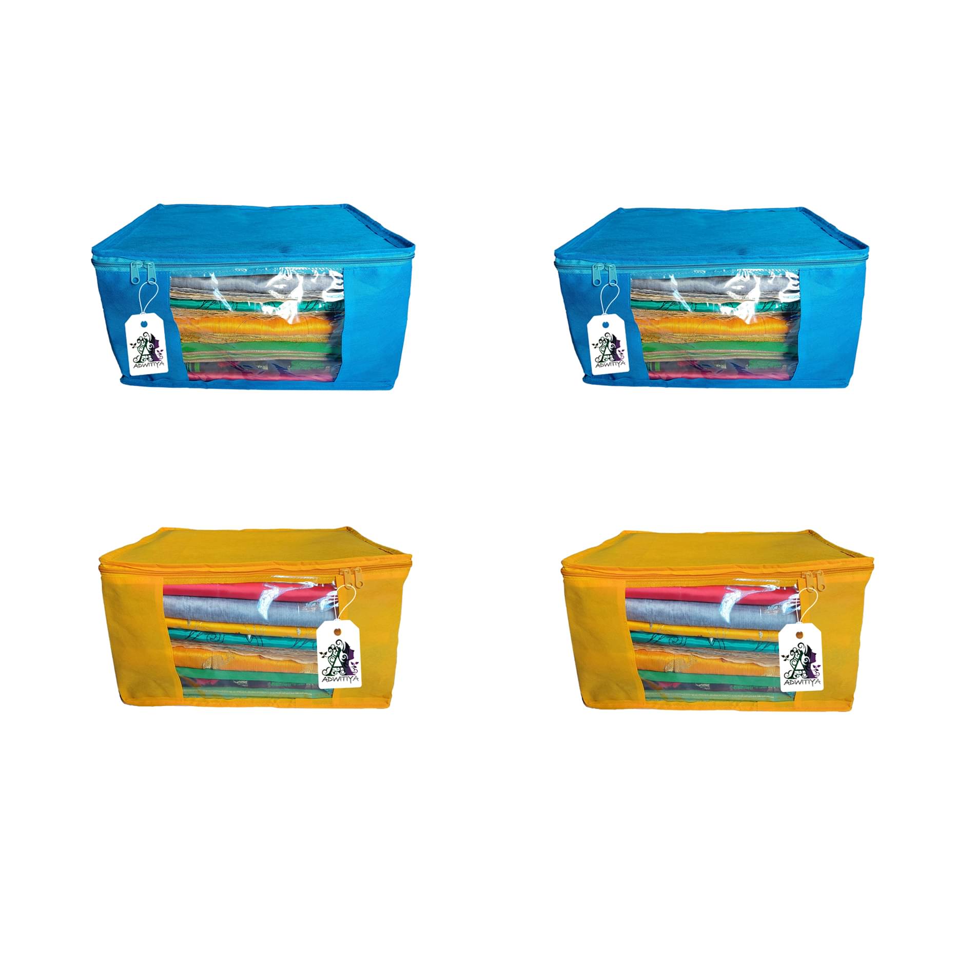 ADWITIYA - Set of 4 - Plain Large Nonwoven Saree / Salwar Suit / Shirt / Jeans / Bedsheet / Garment / Cloth Storage Organizer Cover Case - Blue & Yellow ADWITIYA - Set of 4 - Plain Large Nonwoven Saree / Salwar Suit / Shirt / Jeans / Bedsheet / Garment / Cloth Storage Organizer Cover Case - Blue & Yellow