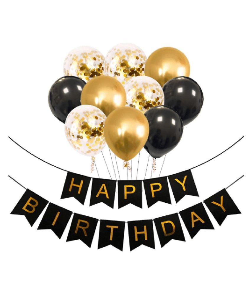     			Blooms Mall comfetti and black and golden  mettallic ballloon and banner combo - 10 golden metallic balloon, 10 Black balloon, 5 confetti balloon ,1 black banner