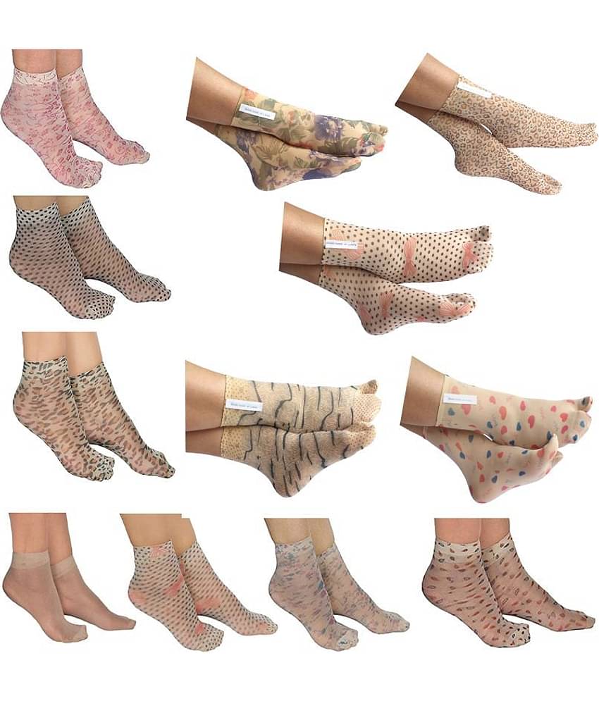 HF LUMEN Thin Transparent Net Printed Ankle Length Women Socks Pack Of 12 (5 With thumb + 7 Without Thumb)
