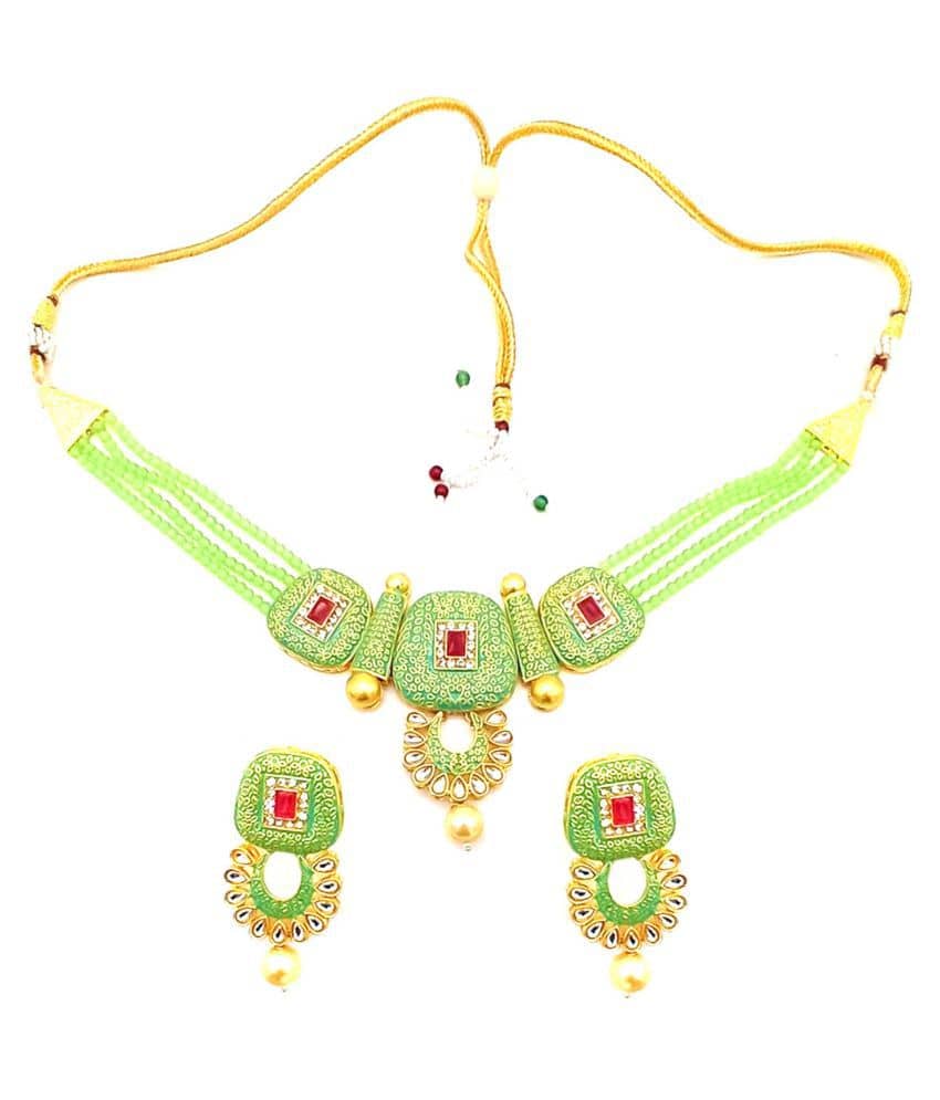 Jewar Mandi Brass Green Designer Necklaces Set Collar