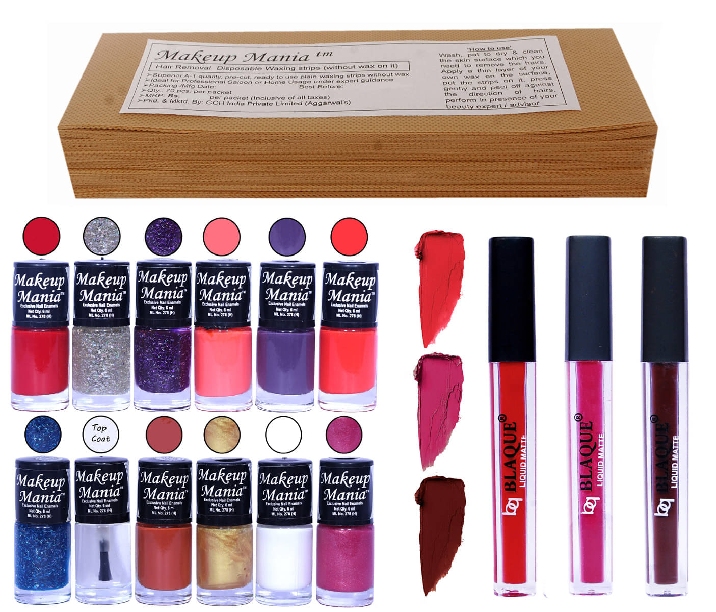 Makeup Mania Combo of 12 Nail Polish, 3 Liquid Matte Liptick, 1 Pkt Wax Strip Makeup Kit 800 Makeup Mania Combo of 12 Nail Polish, 3 Liquid Matte Liptick, 1 Pkt Wax Strip Makeup Kit 800