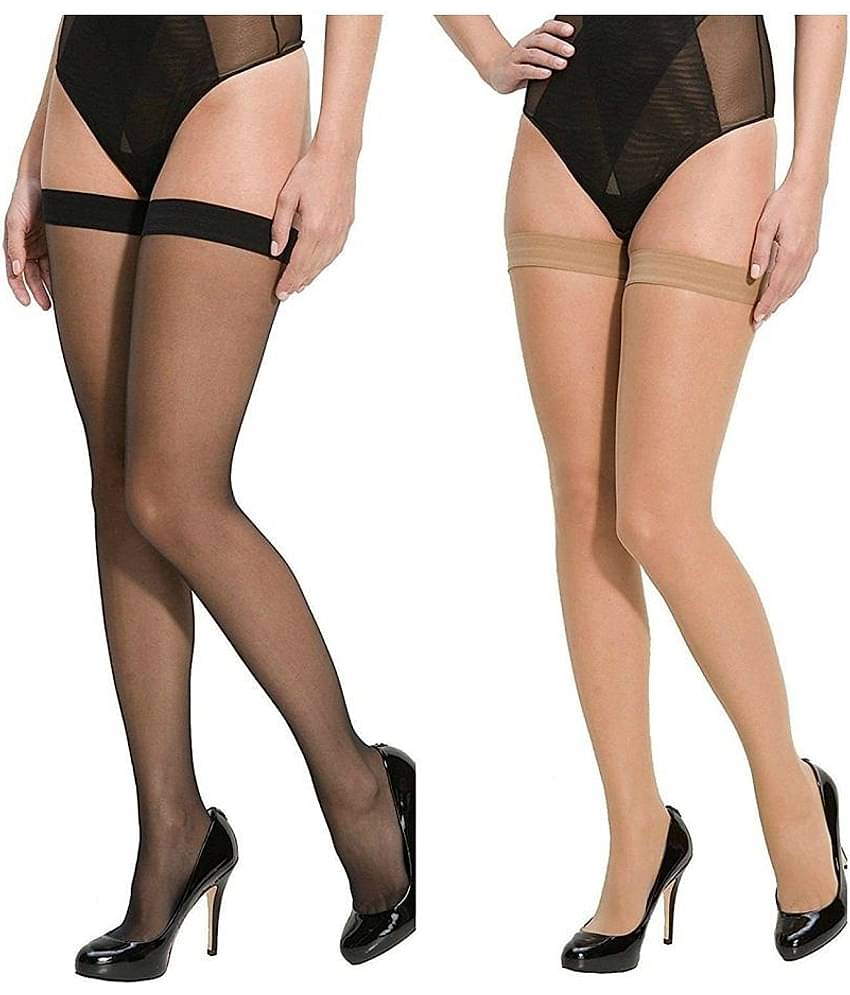HF LUMEN Combo of 2 Stockings for Girl's and Women's Full Legs Stocking's in Skin and Black Color Thigh-Highs Stockings - Pack of 2 Pair