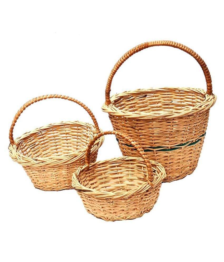     			PRANSUNITA Decorative Multipurpose Storage and Gifting Round Kashmir Wicker Handle Basket - Set of 3 Sizes