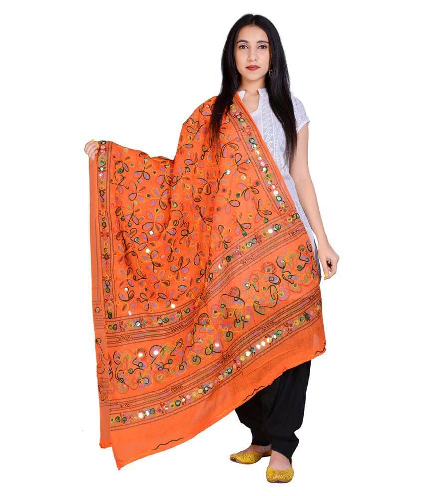     			Raj Orange Cotton Kutch Embroidered Dupatta