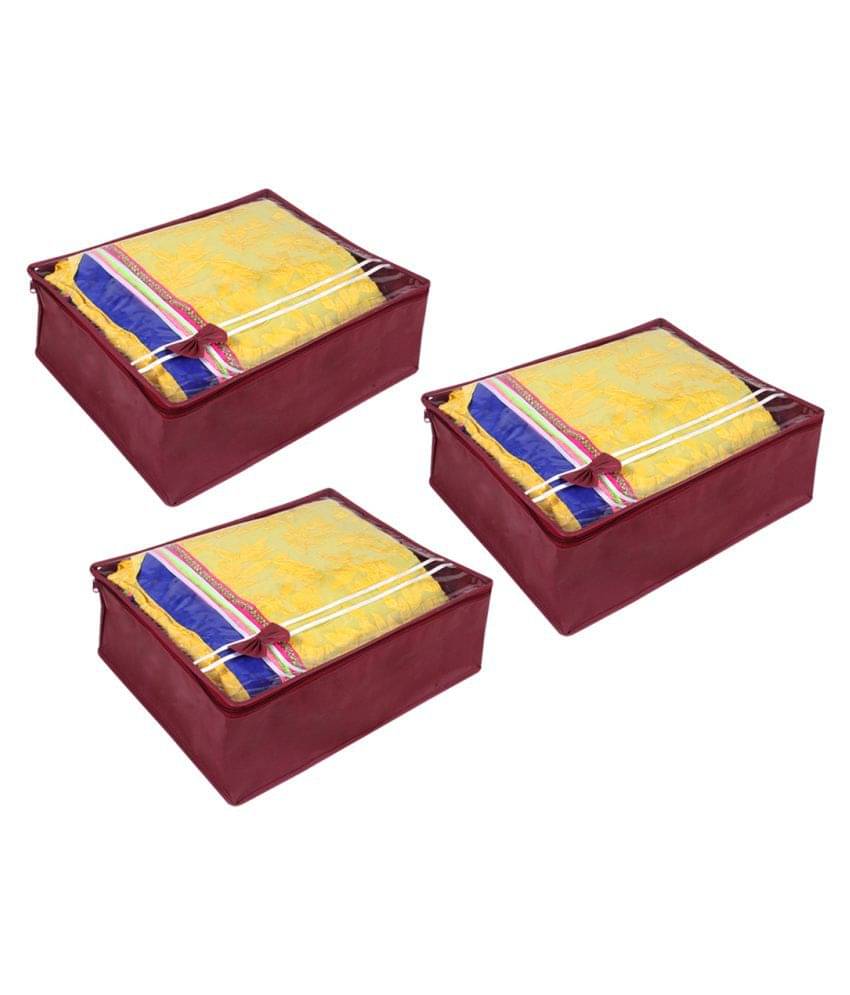     			PrettyKrafts Flower Design Top Transparent 9 Inches Saree Cover/Bag for Wardrobe/Organizers for Clothes/Storage Bag with zip set of 3 (Maroon)