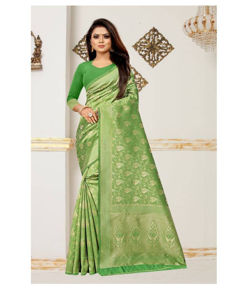     			Gazal Fashions Banarasi Silk Printed Saree With Unstitched Blouse Piece ( Green )