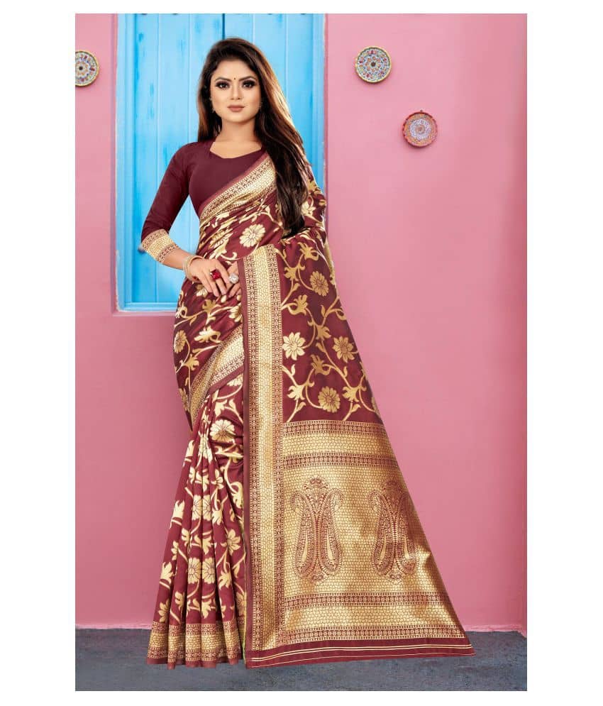Gazal Fashion Banarasi Silk Saree With Unstitched Blouse Piece ( Maroon ) - Sarees | Buy online on ZillyBuy