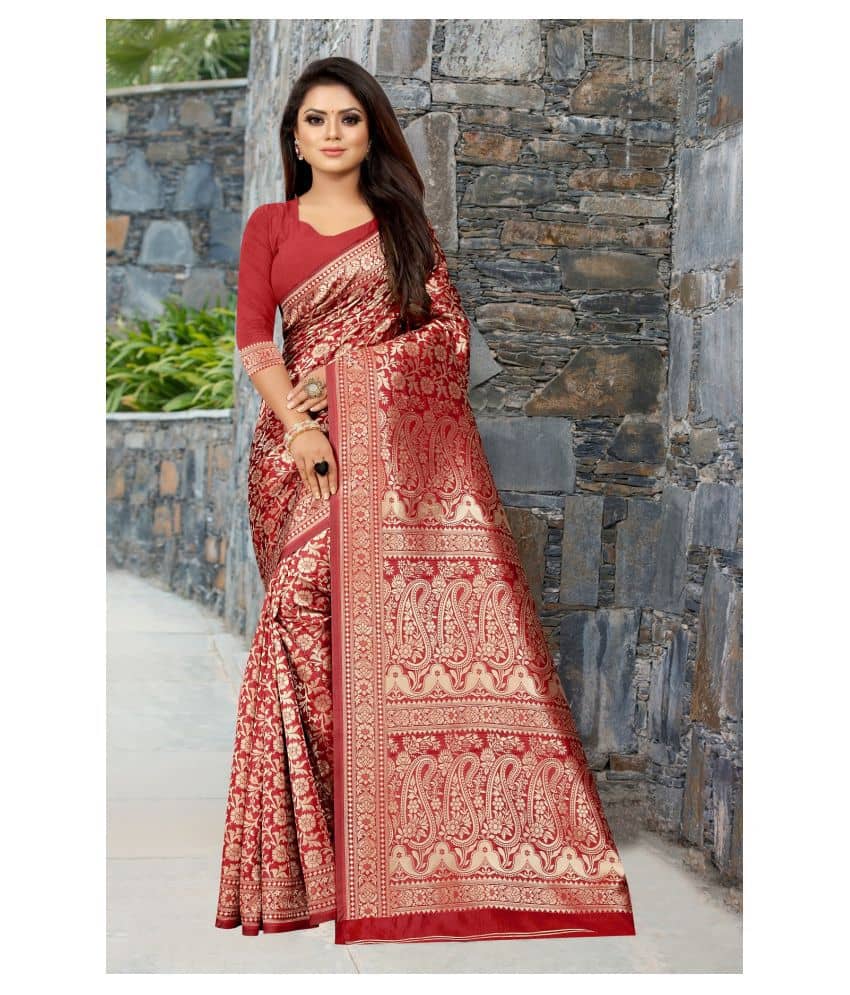 Gazal Fashions Banarasi Silk Printed Saree With Unstitched Blouse Piece ( Multicolor ) - Sarees | Buy online on ZillyBuy