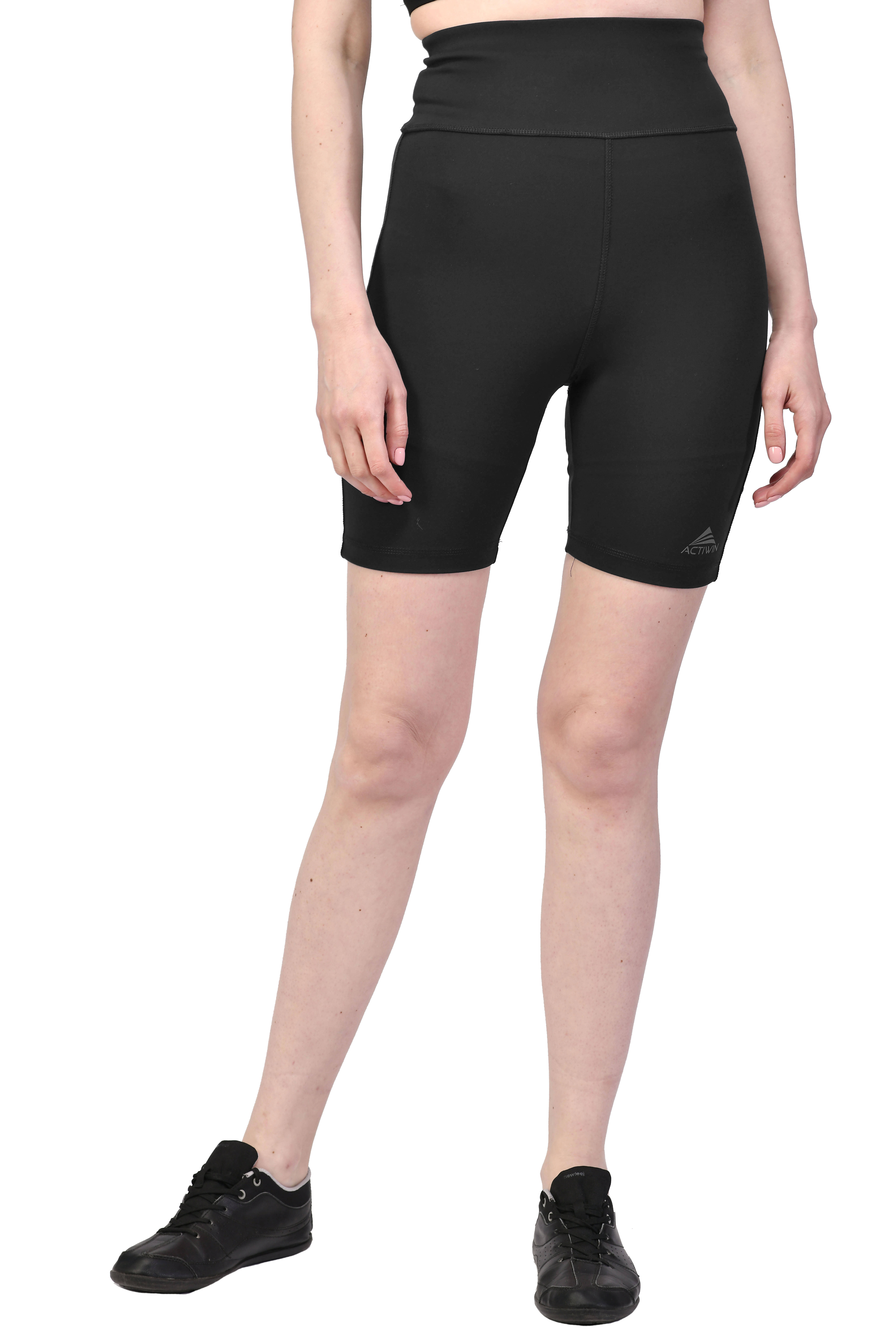     			ACTIWIN Black Polyester Lycra Solid Shorts