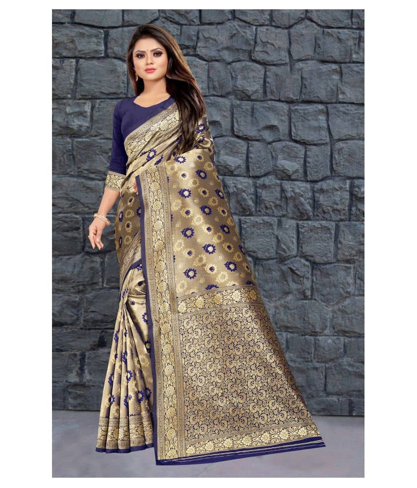 Gazal Fashions Banarasi Silk Saree With Unstitched Blouse Piece ( Blue ) - Sarees | Buy online on ZillyBuy