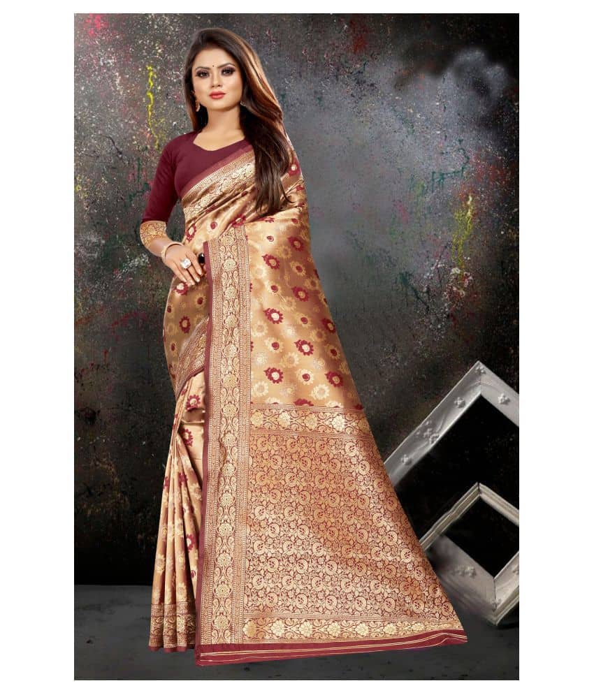 Gazal Fashions Banarasi Silk Self Design Saree With Unstitched Blouse Piece ( Maroon ) - Sarees | Buy online on ZillyBuy
