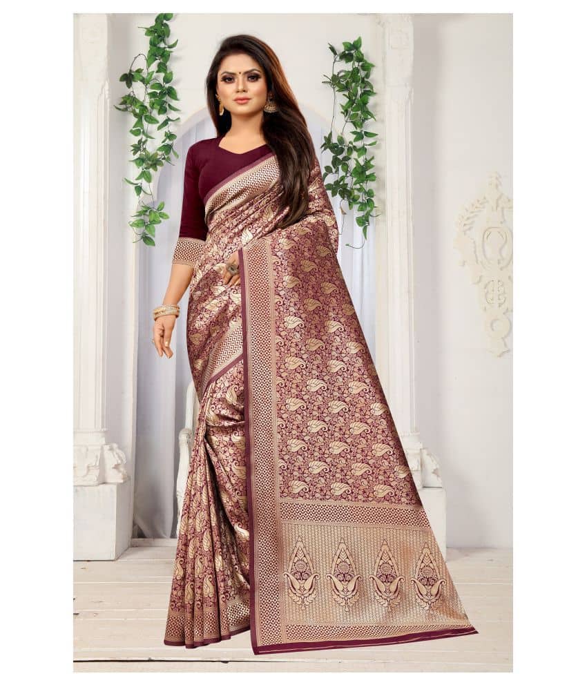 Gazal Fashions Banarasi Silk Printed Saree With Unstitched Blouse Piece ( Maroon ) - Sarees | Buy online on ZillyBuy