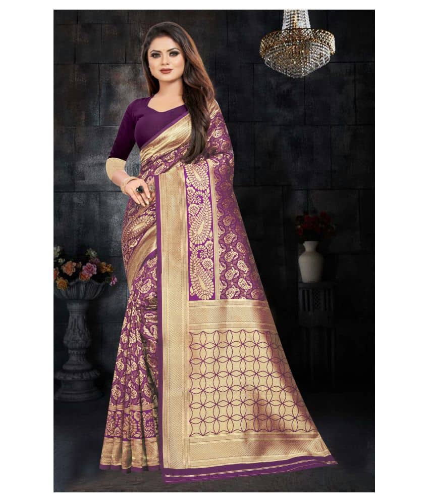 Gazal Fashions Silk Blend Printed Saree With Unstitched Blouse Piece ( Purple ) - Sarees | Buy online on ZillyBuy