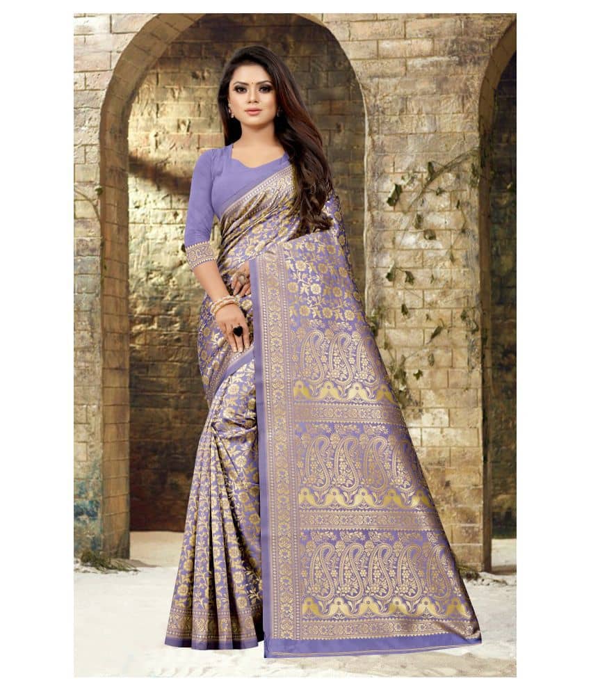 Gazal Fashions Banarasi Silk Printed Saree With Unstitched Blouse Piece ( Purple ) - Sarees | Buy online on ZillyBuy