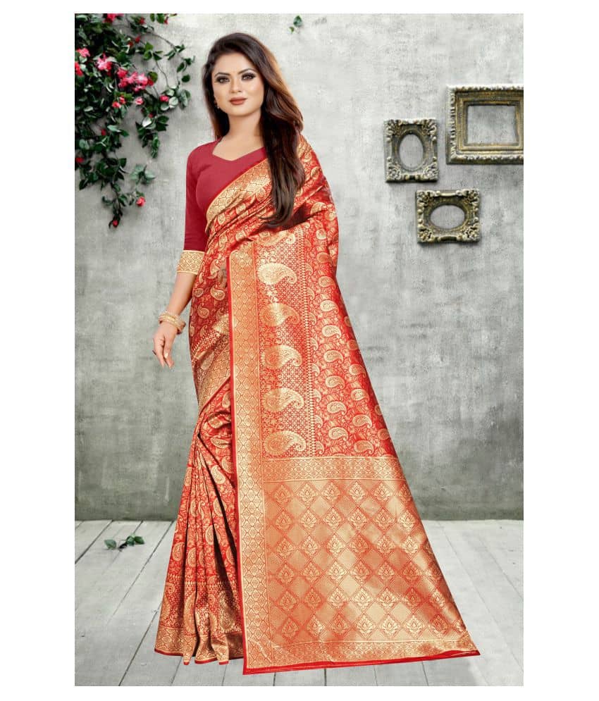 Gazal Fashions Banarasi Silk Printed Saree With Unstitched Blouse Piece ( Red ) - Sarees | Buy online on ZillyBuy