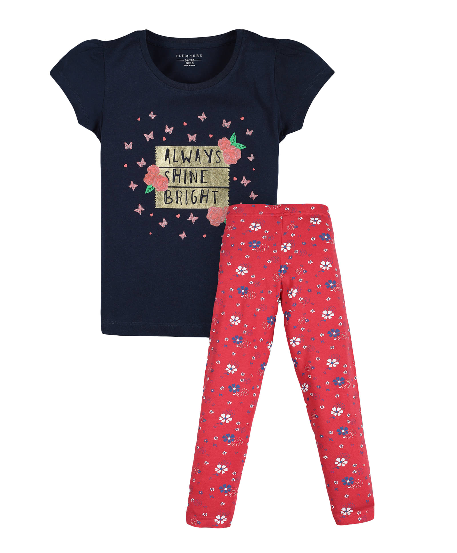     			PLUM TREE Pack of 1 Girls 100% Cotton T-shirt With Leggings ( Blue & Red )