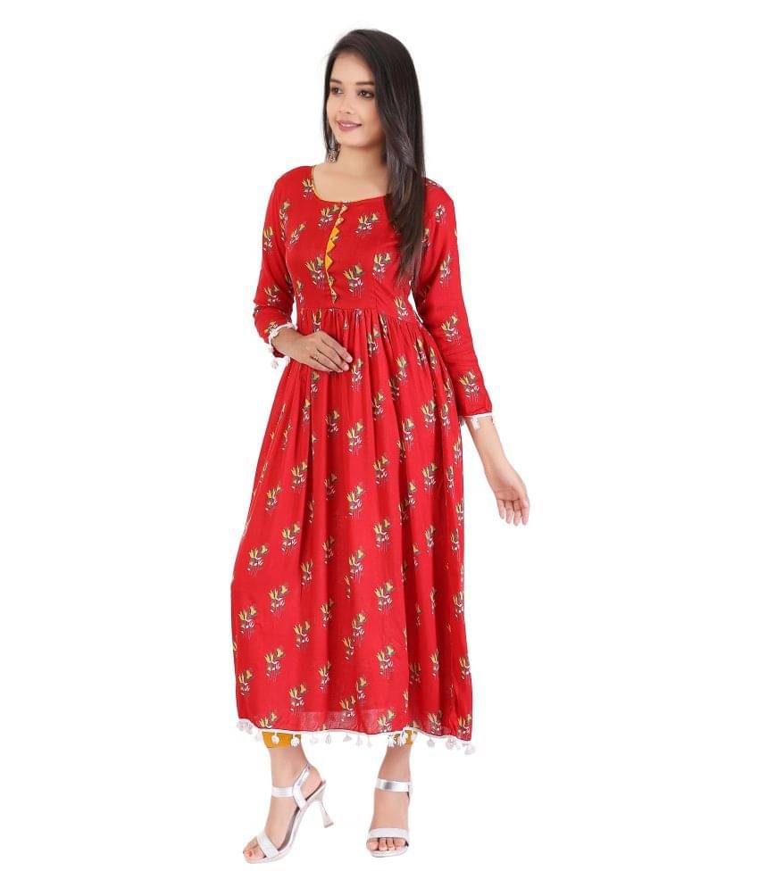 MEESORRA - Red Rayon Women's Flared Kurti ( Pack of 1 ) MEESORRA - Red Rayon Women's Flared Kurti ( Pack of 1 )