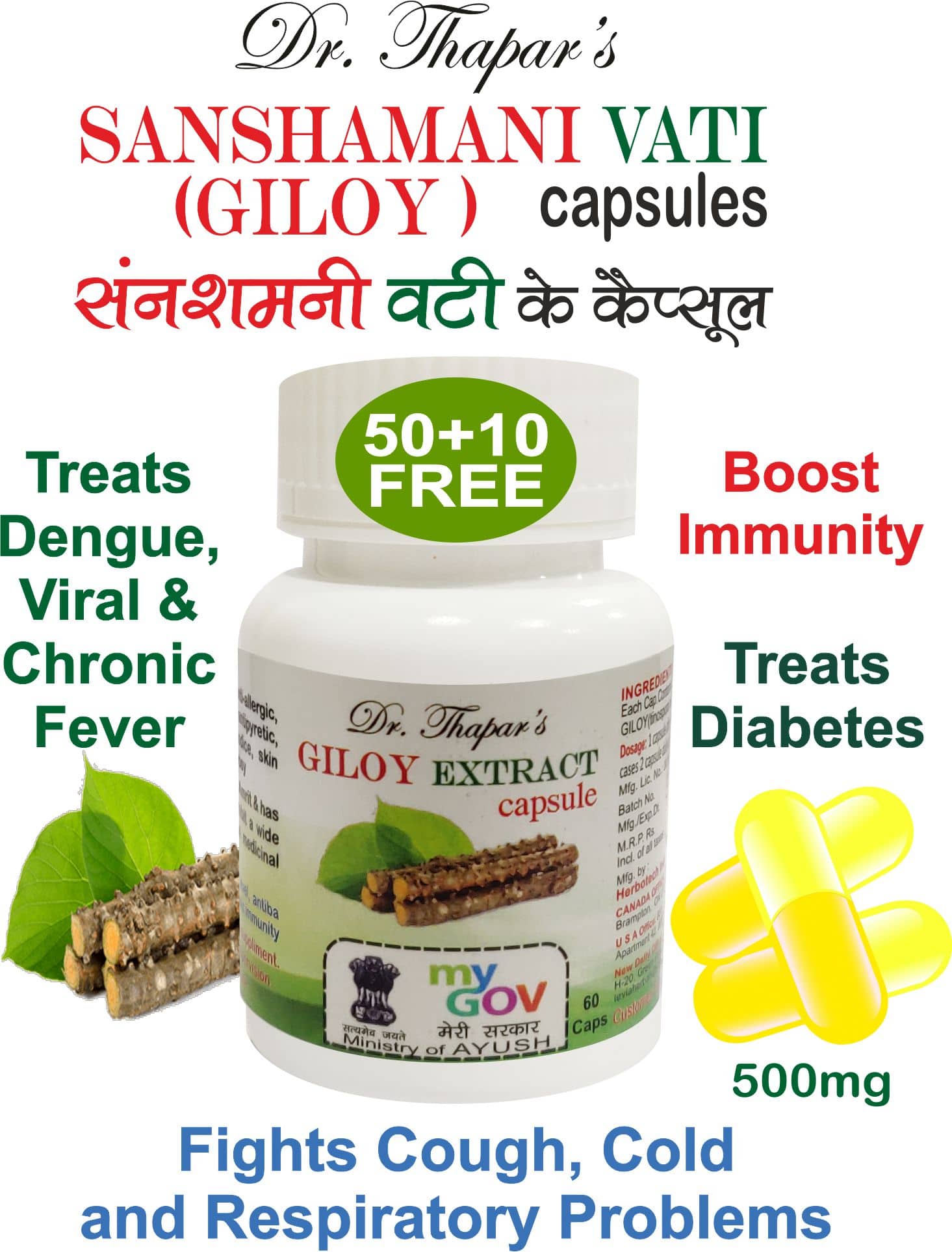 Sanshamani Vati (Giloy Ghan) Anti-Virus/Anti Diabetic Capsule 500 Mg