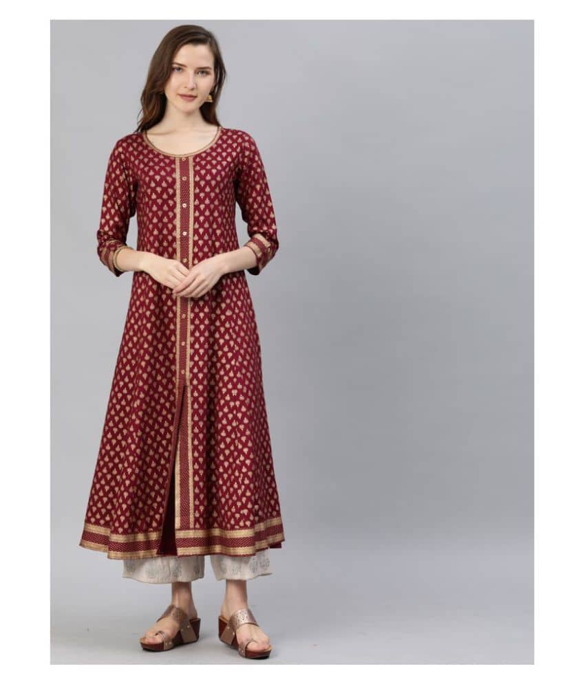 Yash Gallery Pack of 1 Rayon Printed Flared Women's Kurti - ( Maroon ) - Kurtis, Tunics | Buy online on ZillyBuy