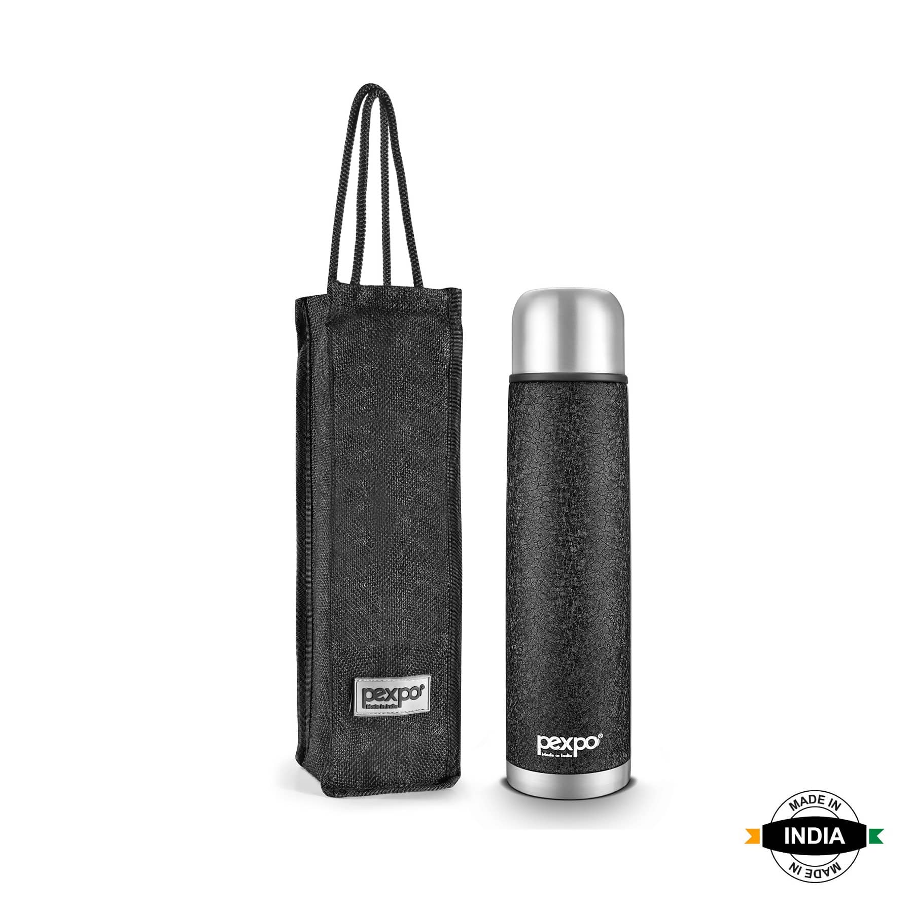 Pexpo 500ml 24 Hrs Hot and Cold ISI Certified Flask with Jute-bag, Flamingo Vacuum insulated Bottle (Pack of 1, Black)