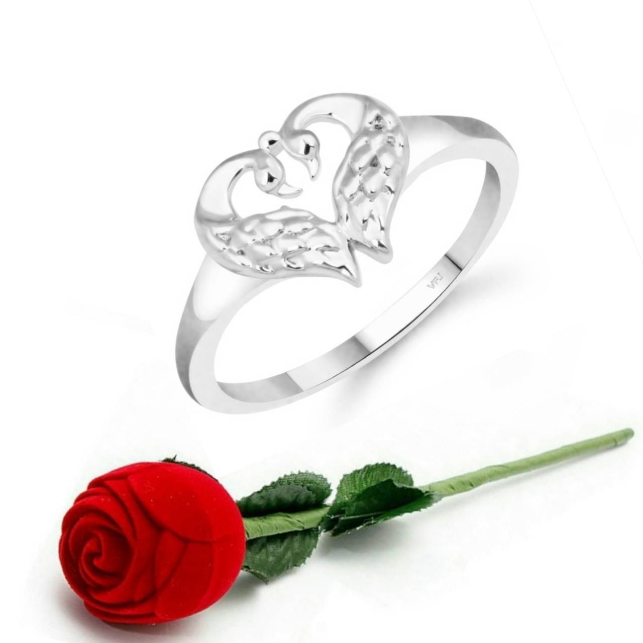     			Vighnaharta Cute Mayur Heart CZ Rhodium Plated Ring   with Scented Velvet Rose Ring Box for women and girls and your Valentine.