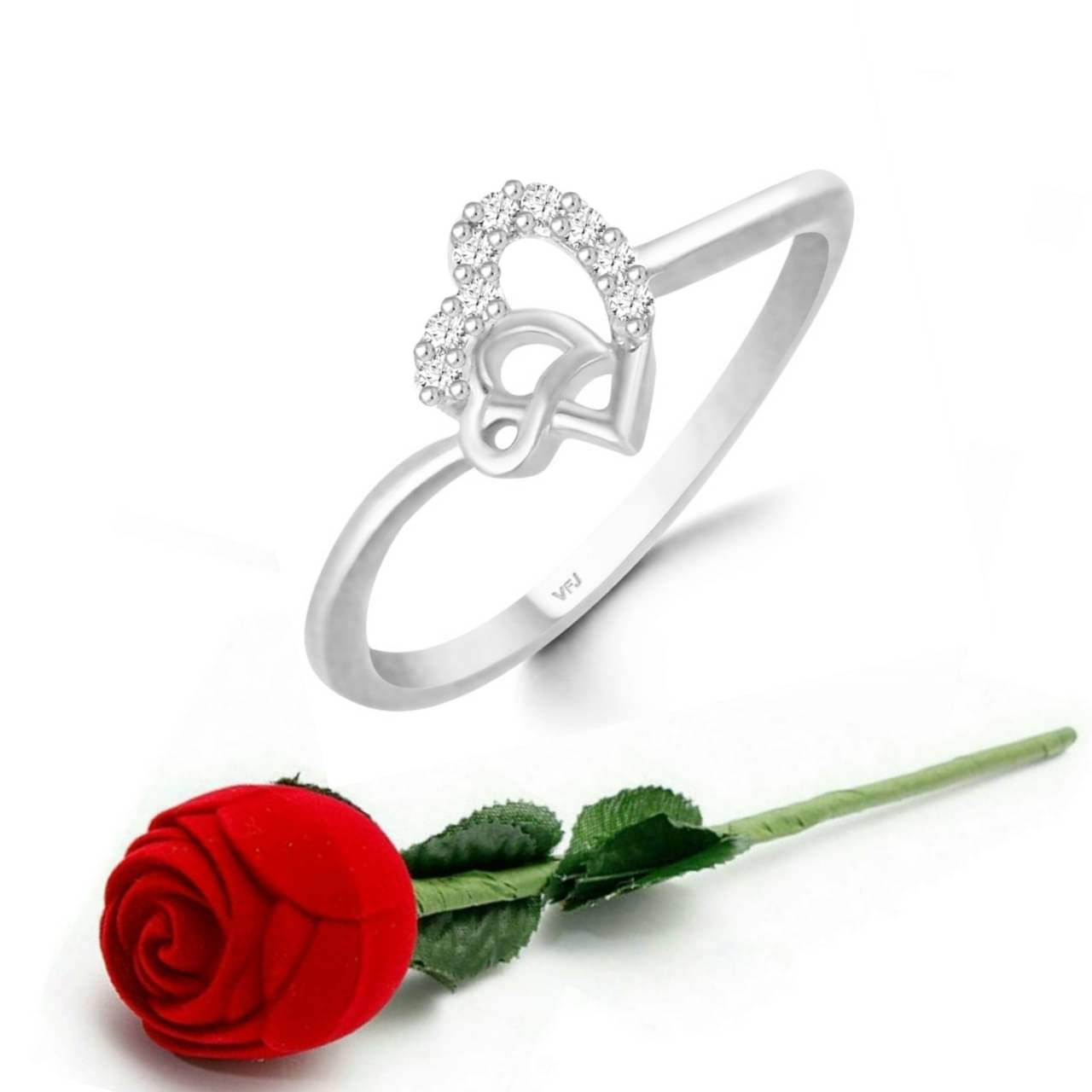     			Vighnaharta Diamond studded Cute  Heart CZ Rhodium Plated Ring   with Scented Velvet Rose Ring Box for women and girls and your Valentine.