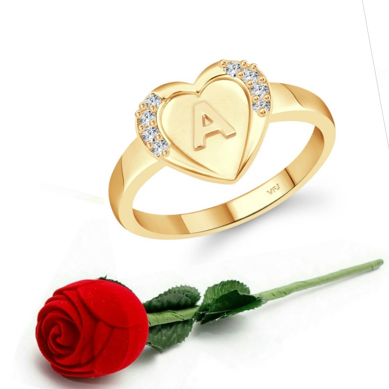 Vighnaharta cz alloy Gold plated Valentine collection Initial '' A '' Letter in heart ring alphabet collection with Scented Velvet Rose Ring Box for women and girls and your Valentine. Vighnaharta cz alloy Gold plated Valentine collection Initial '' A '' Letter in heart ring alphabet collection with Scented Velvet Rose Ring Box for women and girls and your Valentine.