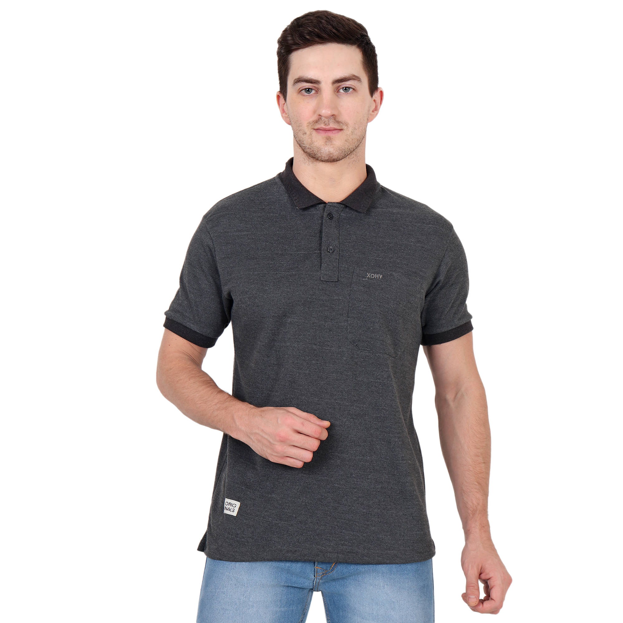 xohy Cotton Blend Grey Plain Polo T Shirt xohy Cotton Blend Grey Plain Polo T Shirt