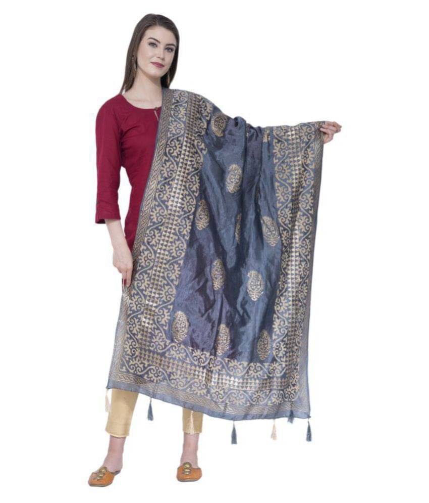     			A R Silk Grey Silk Block printed Dupatta