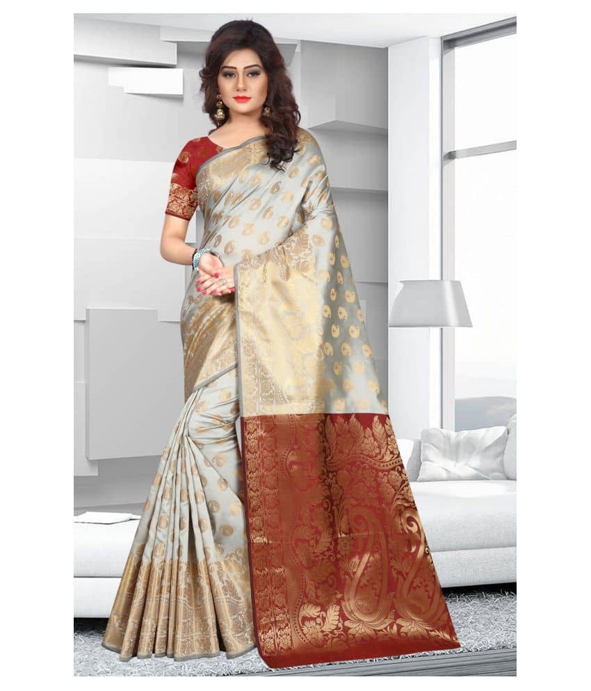 Gazal Fashions Silk Printed Saree With Unstitched Blouse Piece ( Beige )
