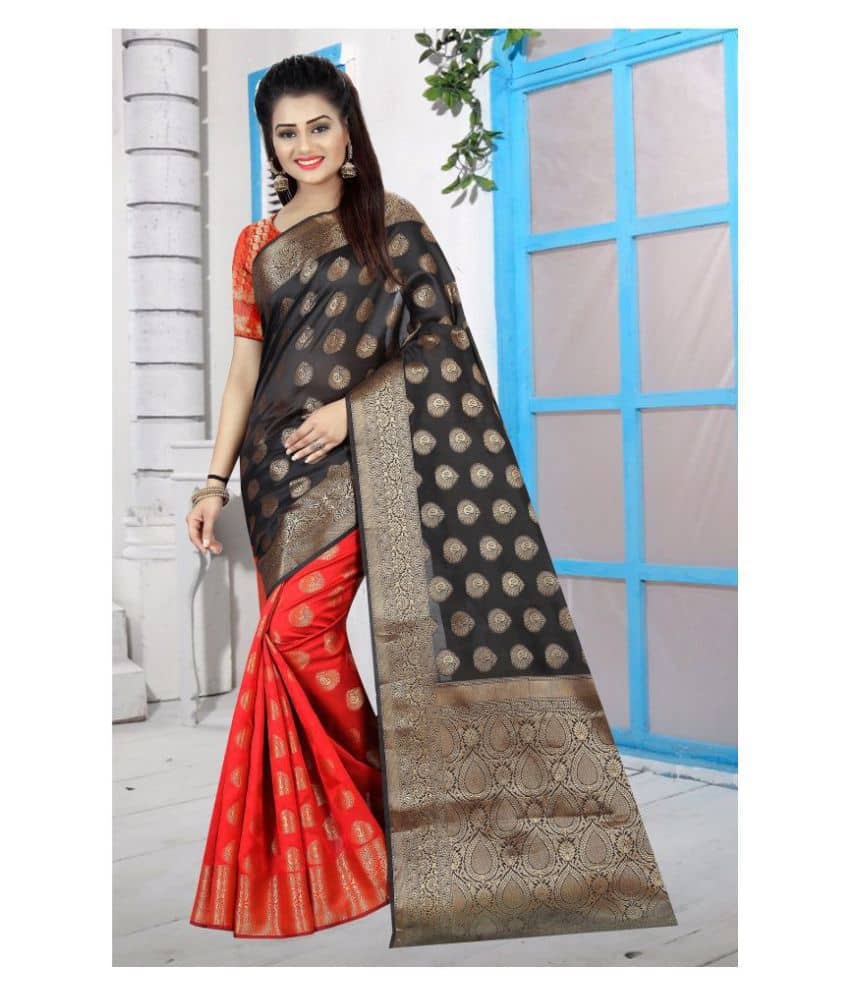 Gazal Fashions Banarasi Silk Saree With Unstitched Blouse Piece ( Black,Red ) - Sarees | Buy online on ZillyBuy