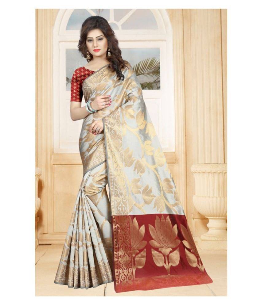     			Gazal Fashions Banarasi Silk Printed Saree With Unstitched Blouse Piece ( Grey,Beige )