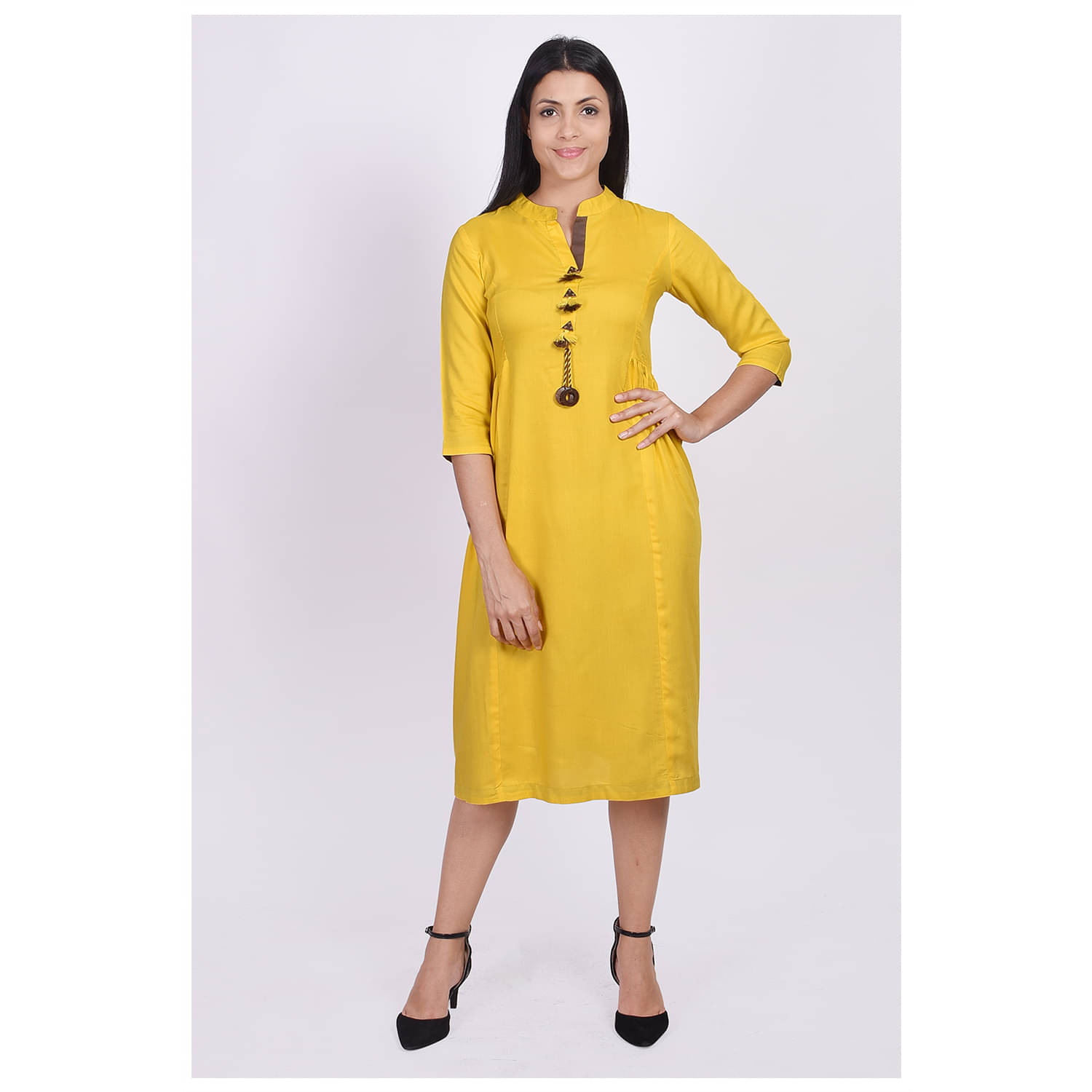 SAART BUNAAI - Yellow Rayon Women's A-line Kurti     			SAART BUNAAI - Yellow Rayon Women's A-line Kurti