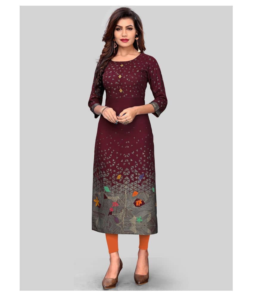 Vbuyz - Maroon Rayon Women's Straight Kurti ( Pack of 1 ) - Kurtis, Tunics | Buy online on ZillyBuy