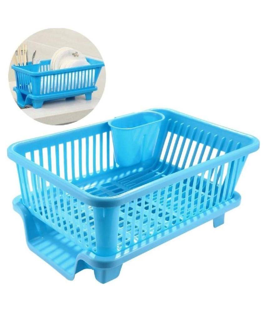     			3 in 1 Large Durable Plastic Kitchen Sink Dish Rack Drainer Drying Rack Washing Basket with Tray for Kitchen, Dish Rack Organizers, Utensils Tools Cutlery (Blue)