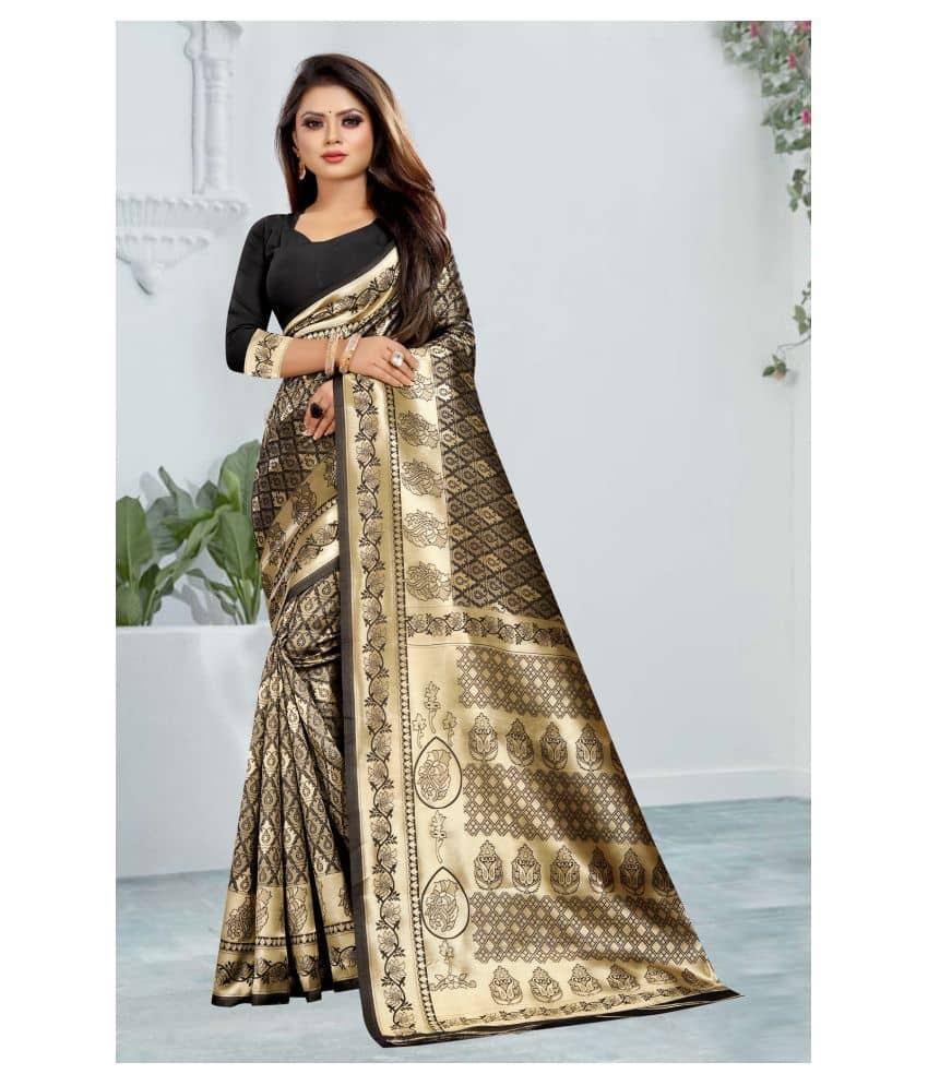 Gazal Fashions Banarasi Silk Printed Saree With Unstitched Blouse Piece ( Gold ) - Sarees | Buy online on ZillyBuy