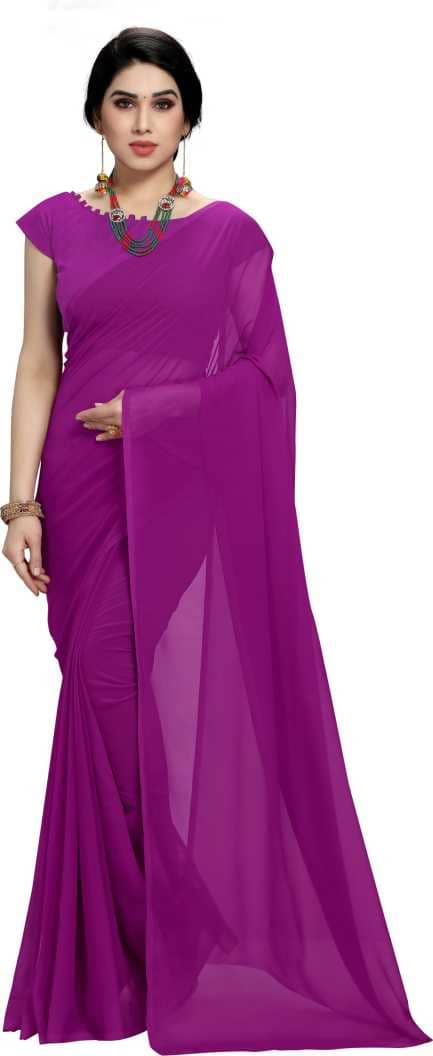 ANAND SAREES Georgette Solid Saree With Unstitched Blouse Piece ( Purple ) - Sarees | Buy online on ZillyBuy
