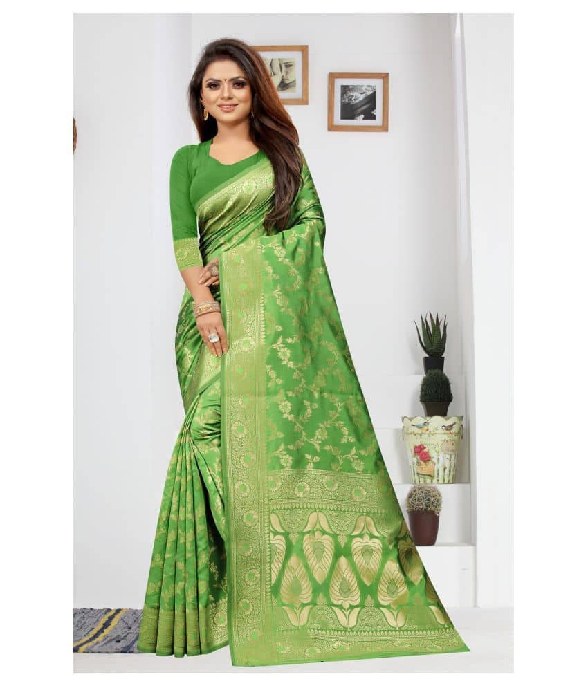 Gazal Fashions Banarasi Silk Printed Saree With Unstitched Blouse Piece ( Green ) - Sarees | Buy online on ZillyBuy