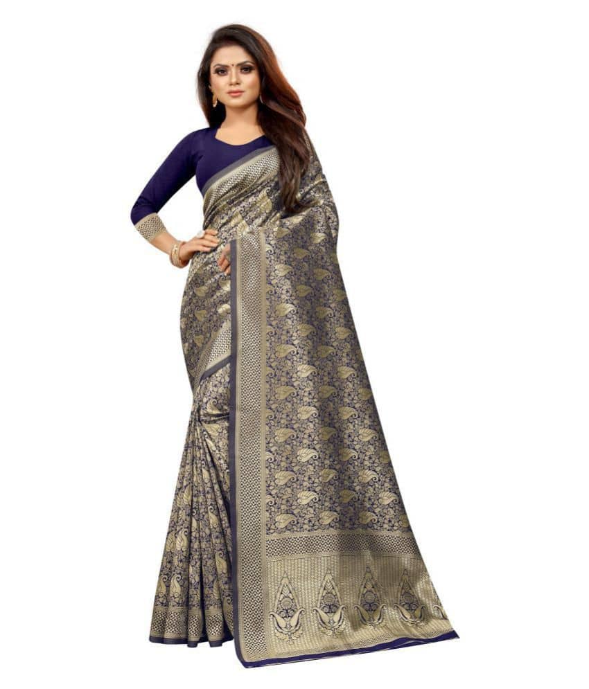 Gazal Fashions Banarasi Silk Self Design Saree With Unstitched Blouse Piece ( Blue ) - Sarees | Buy online on ZillyBuy