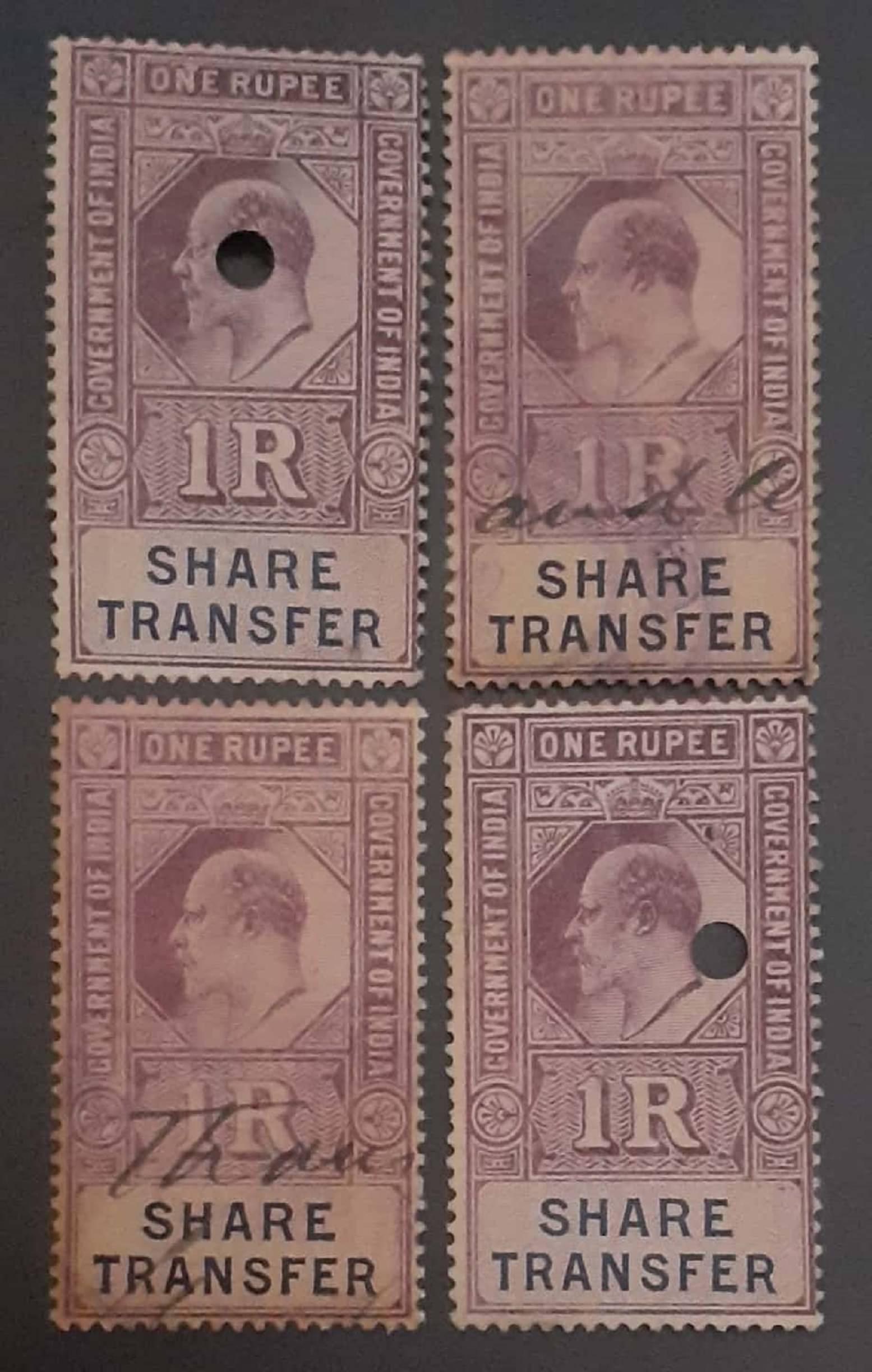     			Extremely Rare Old Vintage British India King Edward VII One Rupee Share Transfer Lot of 4 Stamps,,,,Collectible