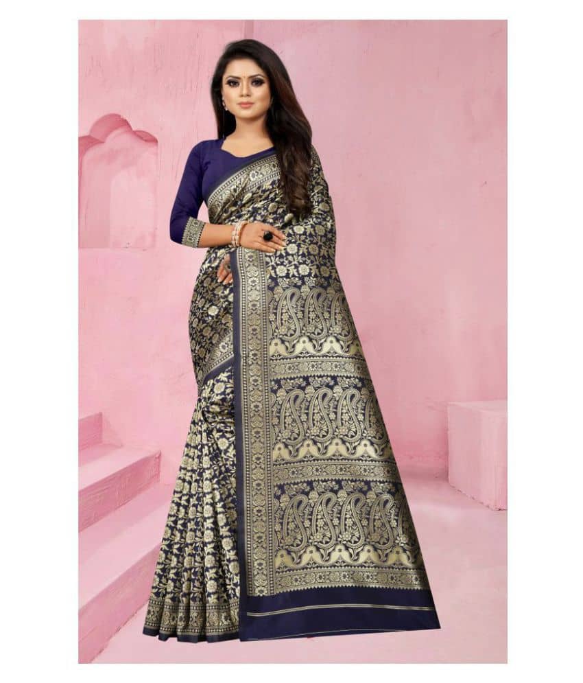 Gazal Fashions Banarasi Silk Printed Saree With Unstitched Blouse Piece ( Blue ) - Sarees | Buy online on ZillyBuy