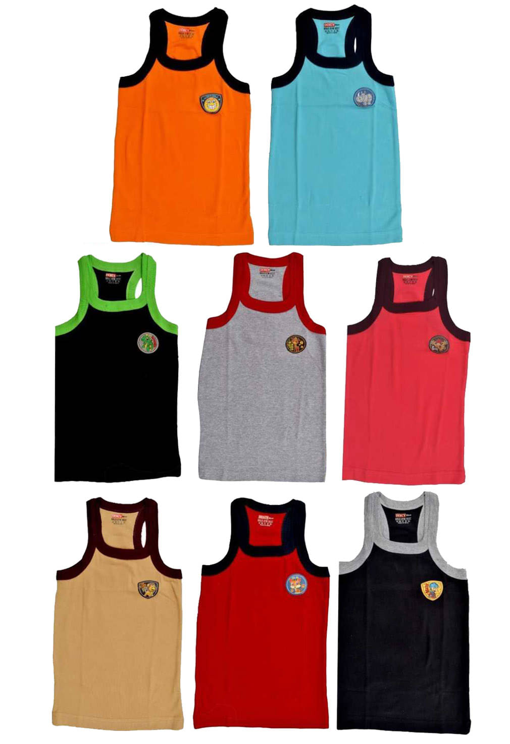 Dixcy Bold Cotton Multicolor Sleeveless Vests for Kids/Boys - Pack of 8 Dixcy Bold Cotton Multicolor Sleeveless Vests for Kids/Boys - Pack of 8