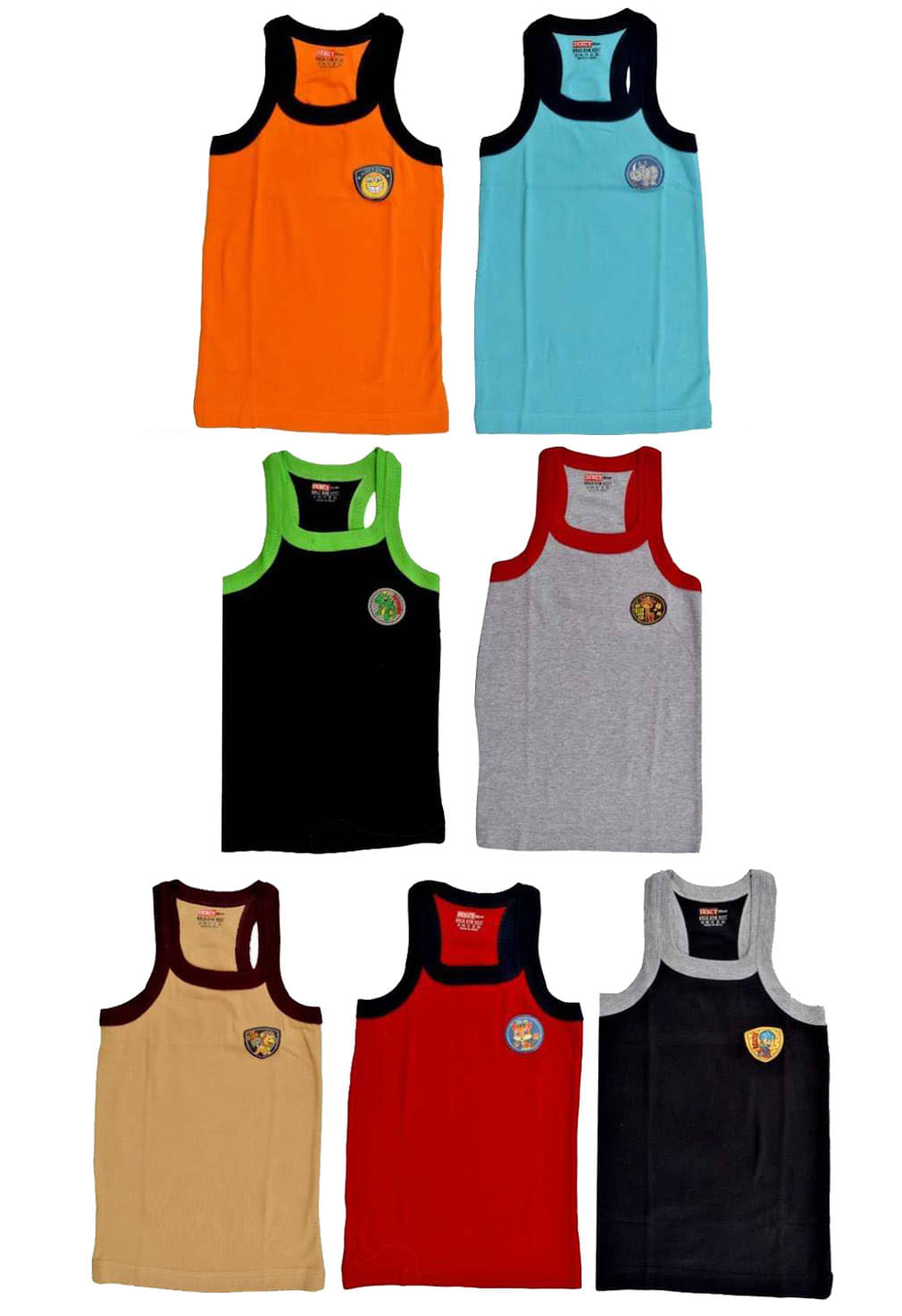 Dixcy Bold Cotton Multicolor Sleeveless Vests for Kids/Boys - Pack of 7     			Dixcy Bold Cotton Multicolor Sleeveless Vests for Kids/Boys - Pack of 7