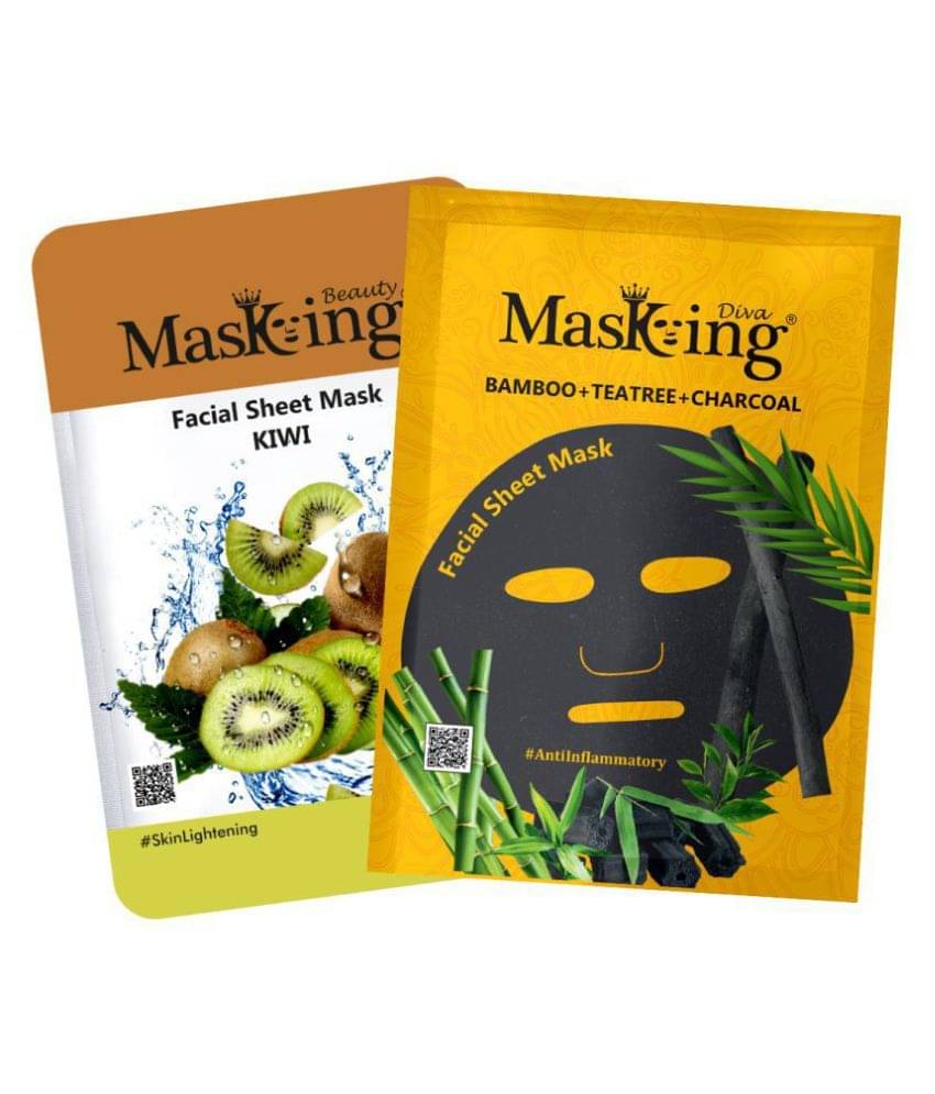     			Masking BeautyDiva Kiwi, Bamboo, Teatree and Charcoal Face Sheet Mask Masks 50 ml Pack of 2