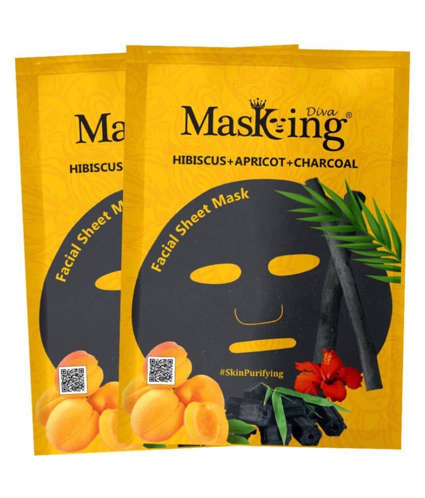 Masking Diva Hibiscus, Apricot and Charcoal Face Sheet Mask Masks 50 ml Pack of 2