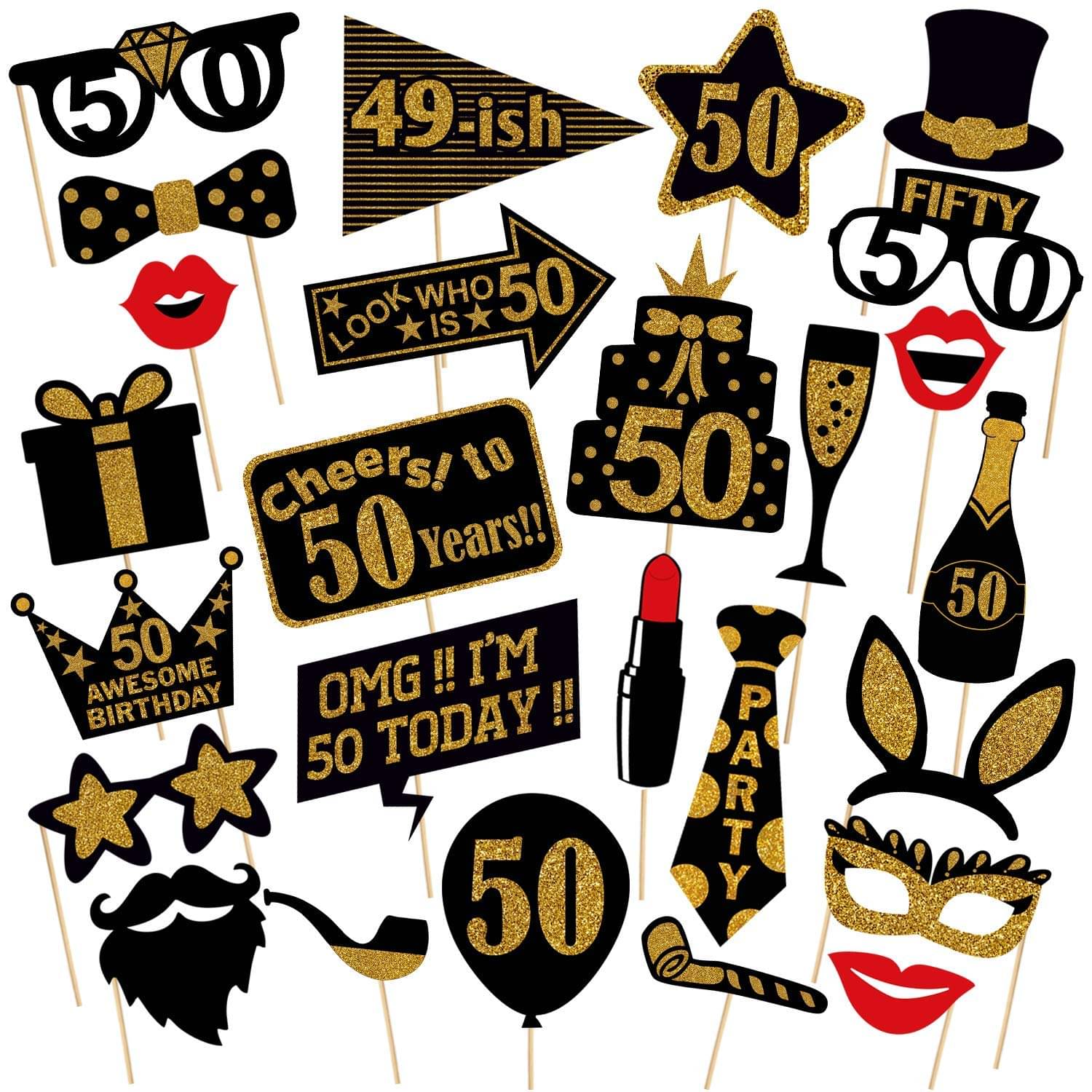     			ZYOZI™ Adult 50th Birthday Photo Booth Props (26Pcs) for Her Him Cheers to 50 Years Birthday Party, Gold and Red Decorations,50th Happy Birthday Party Supplies for Men Women