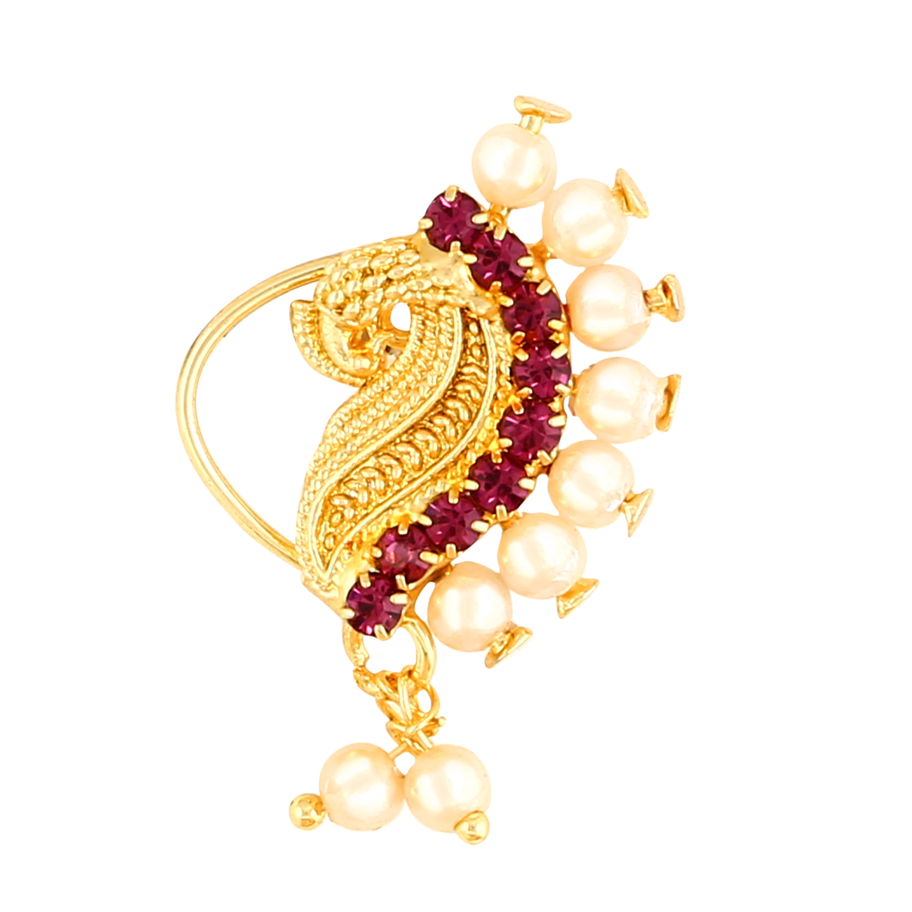 Vighnaharta Gold Plated Mayur design with Peals Alloy Maharashtrian Nath Nathiya./ Nose Pin for women VFJ1007NTH-Press Vighnaharta Gold Plated Mayur design with Peals Alloy Maharashtrian Nath Nathiya./ Nose Pin for women VFJ1007NTH-Press