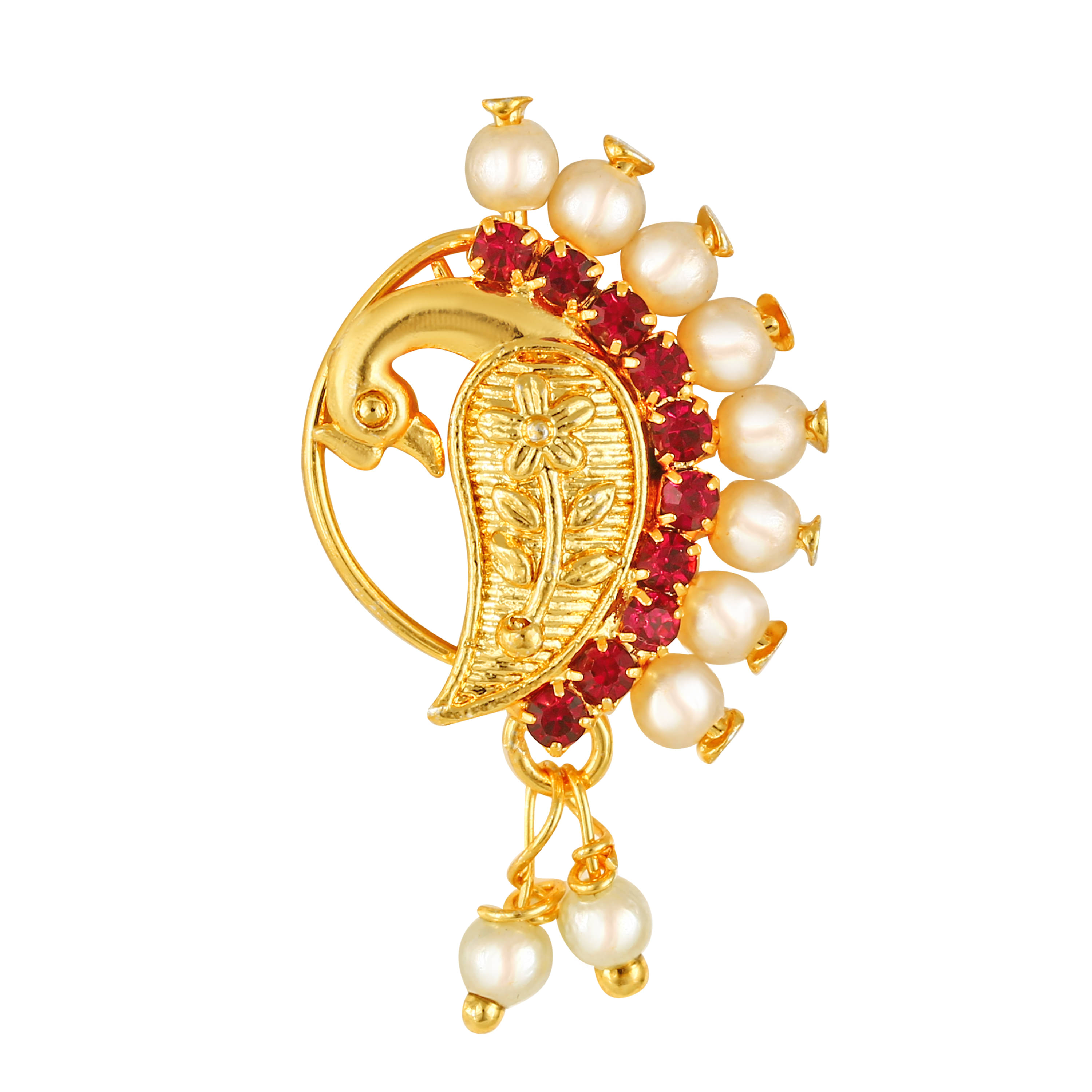 Vighnaharta Gold Plated Red Stone with Peals Alloy Maharashtrian Nath Nathiya./ Nose Pin for women VFJ1006NTH-Press Vighnaharta Gold Plated Red Stone with Peals Alloy Maharashtrian Nath Nathiya./ Nose Pin for women VFJ1006NTH-Press